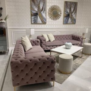 hesterfield Sofa Set with Gold Metal Castors and Pillows