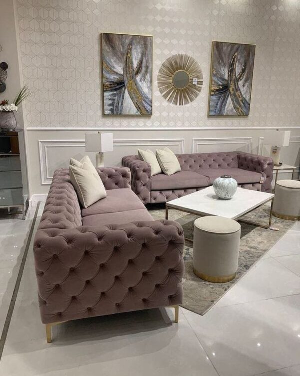 hesterfield Sofa Set with Gold Metal Castors and Pillows